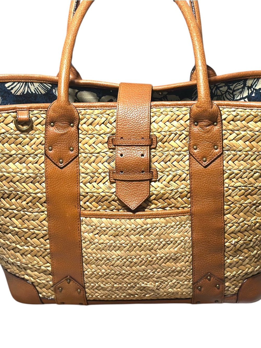 J. CREW Woven Straw Market Shopping Tote Beach Resort Bag Leather Straps Large - Picture 8 of 12